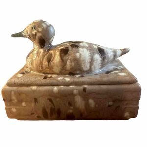 Vintage Ceramic Duck Trinket Jewelry Box Marbled Look Finish Brown White